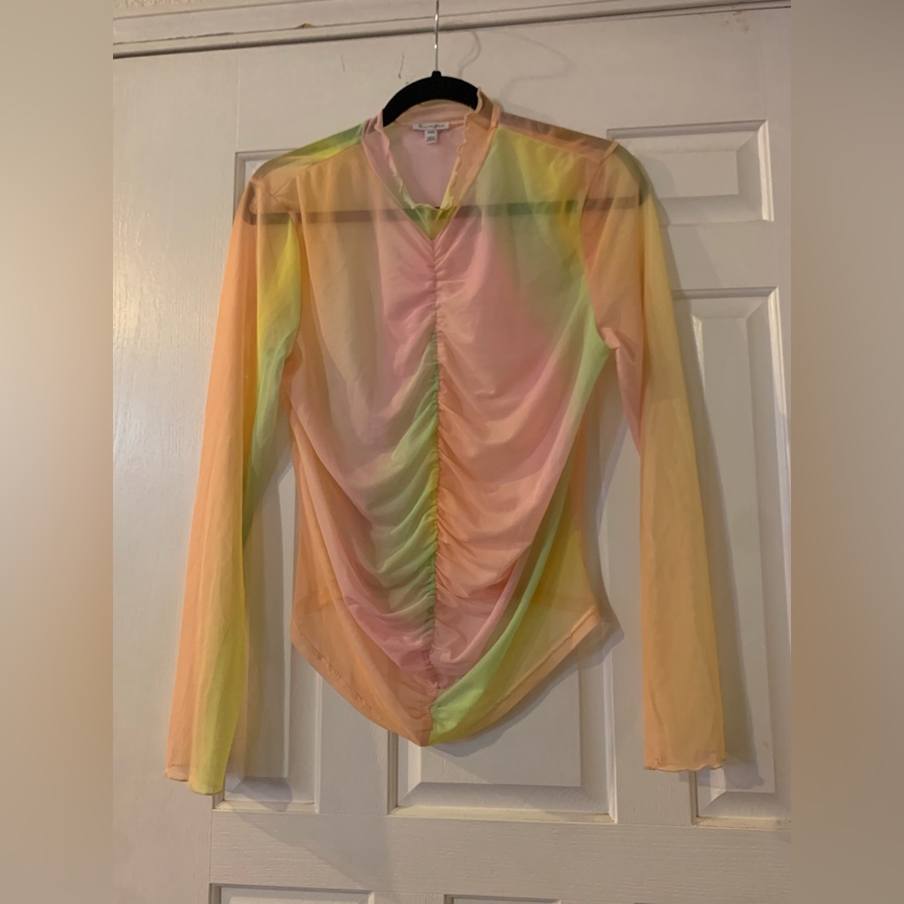 NWOT Love, fire multi color mesh top